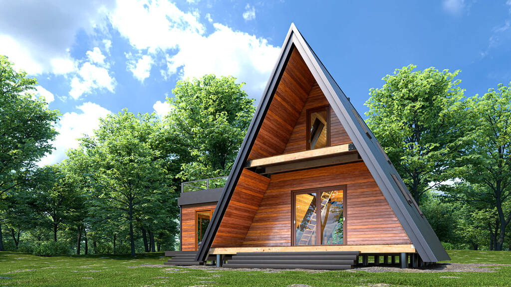 An A-Frame roof on a modern cabin-styled home in the woods