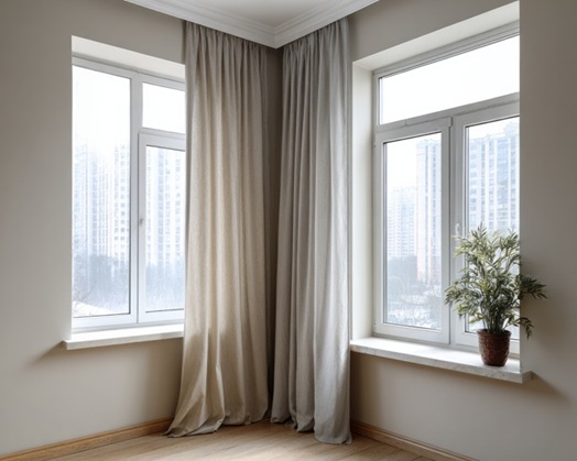 Neutral Colored Drapery Frames Modern Casement Windows Overlooking An Urban Cityscape.